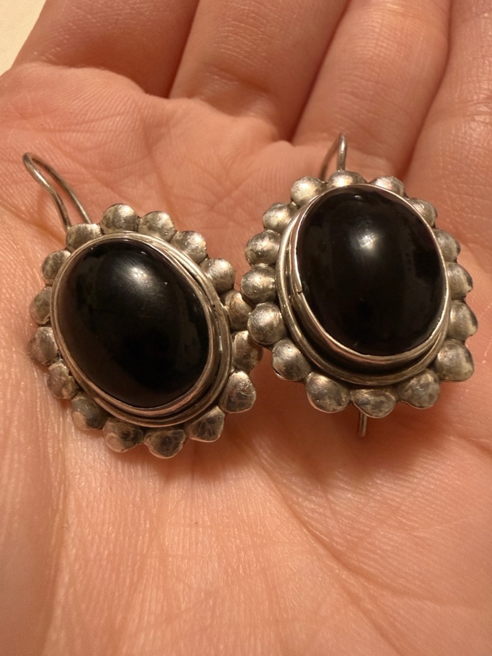 Black Onyx Sterling Silver 925 Drop Earrings Floral Shape